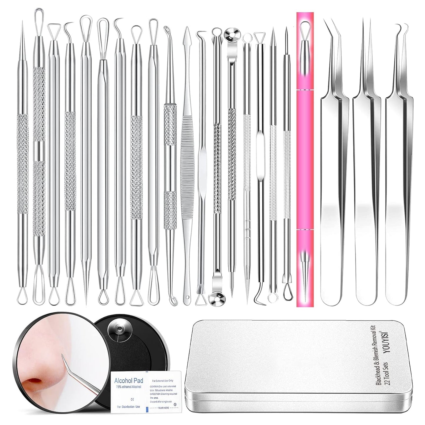 YOUYISI Professional Pimple Popper Tool Kit - 22 PCS Blackhead Remover Tools for Acne and Zit Popping Comedone Extractor
