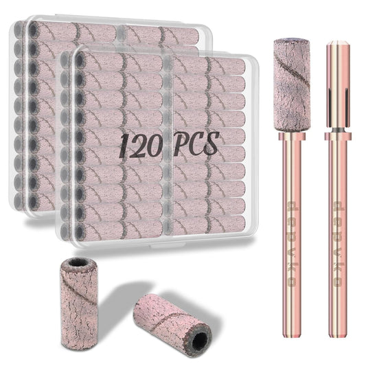 [2023 Upgrade]Depvko 120pcs Small Sanding Bands for Nail Drills with 2pcs 3.1MM Mandrel Nail Drill Bits, 180 Fine Grit Nail File Sanding Bands for Acrylic Nails Tech Gel Manicures and Pedicure, Pink